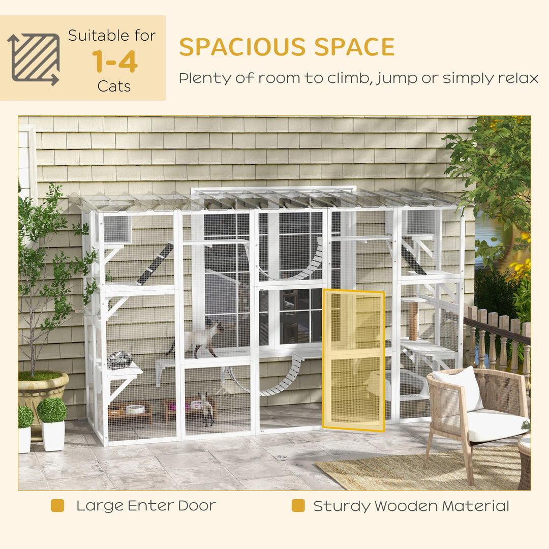 PawHut Large Outdoor Catio with Condos, Platforms, Doors, Ladders, Weather-Resistant Roof, Orange