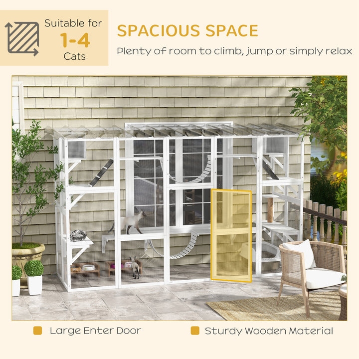 PawHut Large Outdoor Catio with Condos, Platforms, Doors, Ladders, Weather-Resistant Roof, Orange