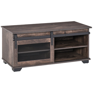 HOMCOM Farmhouse Coffee Table with Sliding Mesh Barn Door, Industrial Center Table with Adjustable Shelf for Living Room, Dark Brown