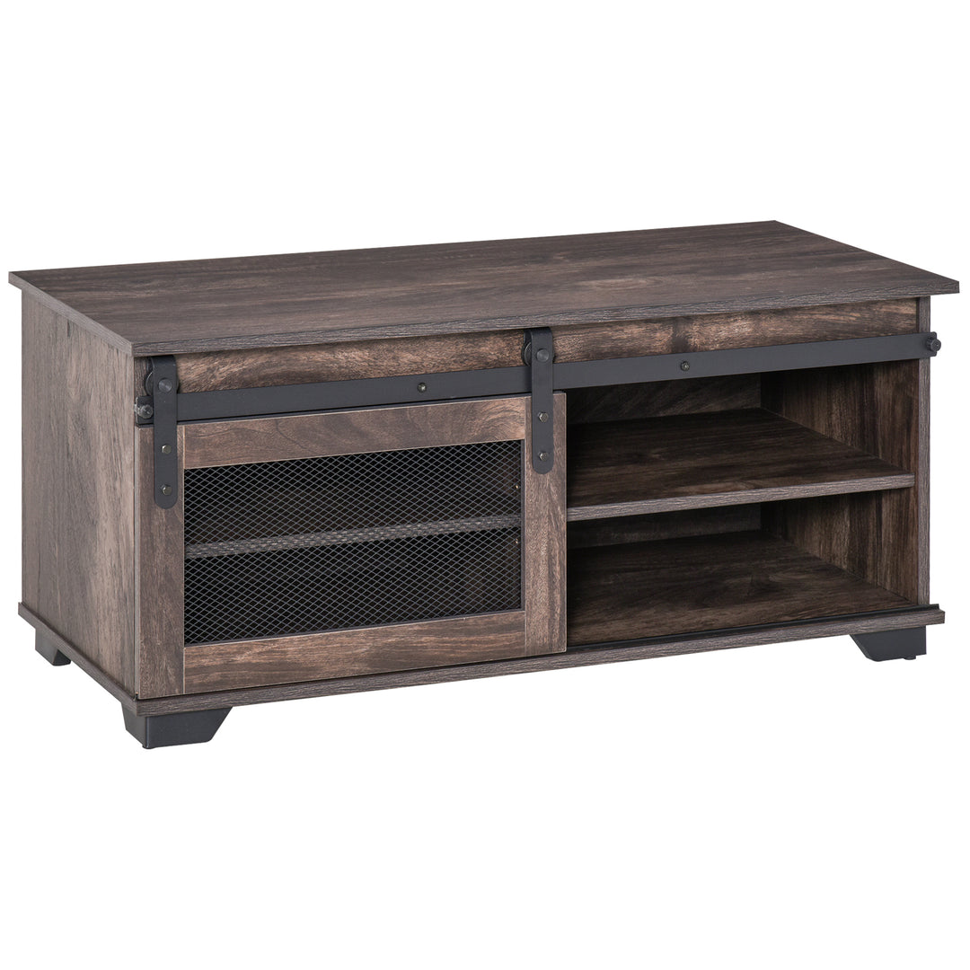 HOMCOM Farmhouse Coffee Table with Sliding Mesh Barn Door, Industrial Center Table with Adjustable Shelf for Living Room, Dark Brown