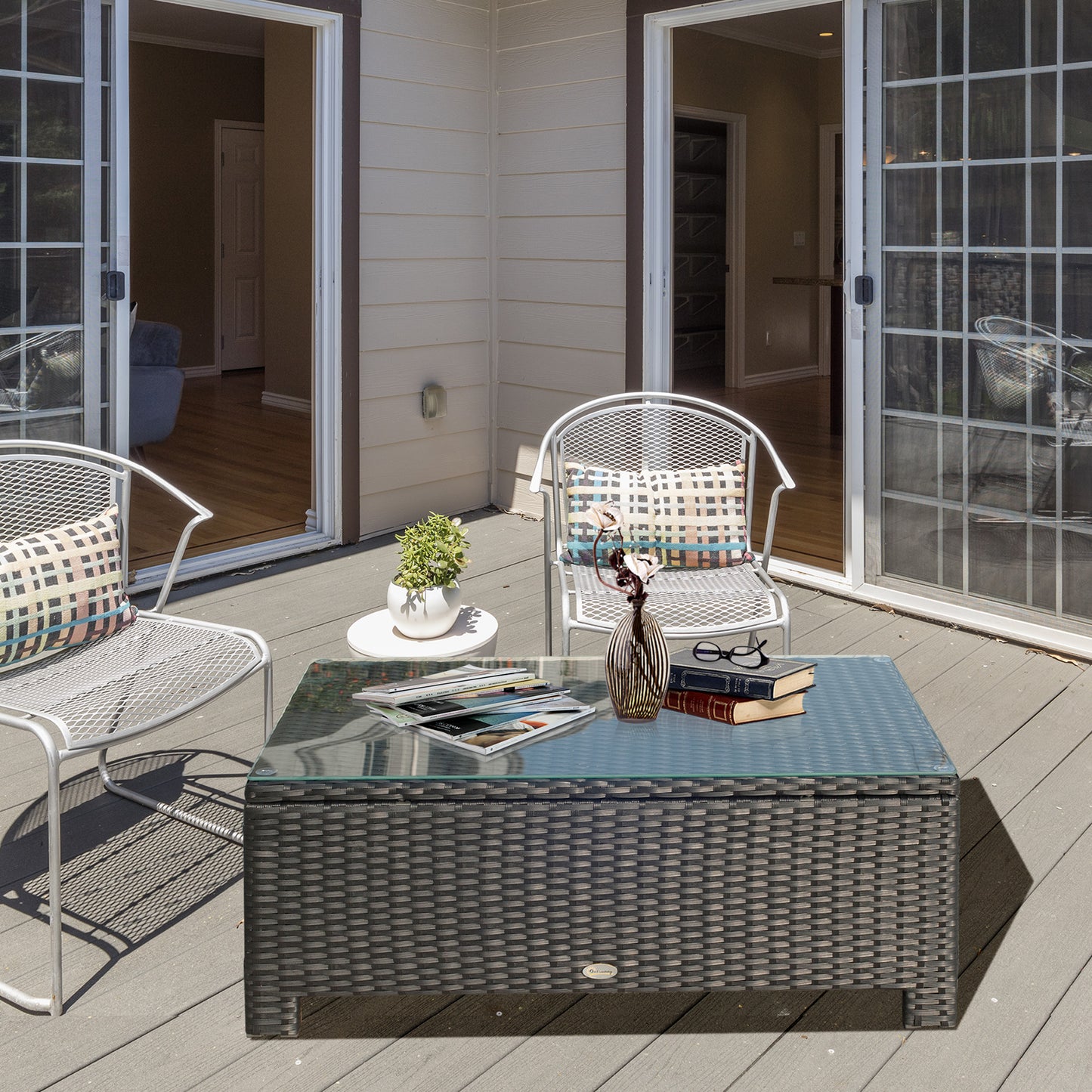 Outsunny Outdoor PE Rattan Wicker Table, Patio Garden Side Table w/Glass Top for Patio, Balcony, Mixed Grey