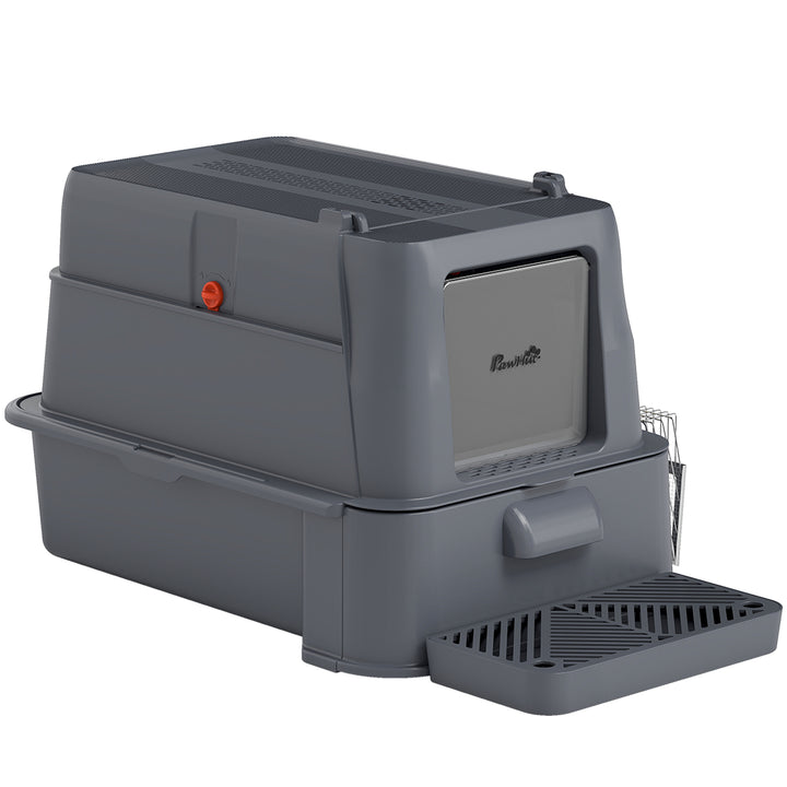 PawHut 80L XL Stainless Steel Cat Litter Box for Big Cats with Flip Cover, Pull-Out Drawer Tray, High Sided, Pedal, Light Grey