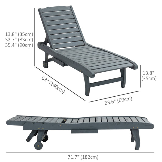 Outsunny Adjustable Lounge Chair, Outdoor Patio Chaise Recliner with Pull-out Tray and 2 Wheels