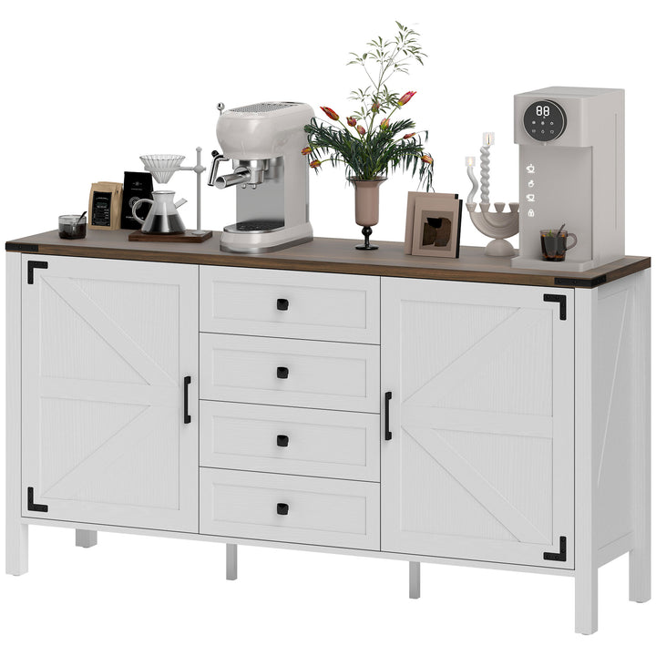 HOMCOM 59" Buffet Cabinet, Farmhouse Sideboard with Thick Top, 2 Barn Doors, 4 Drawers and 2 Adjustable Shelves, White