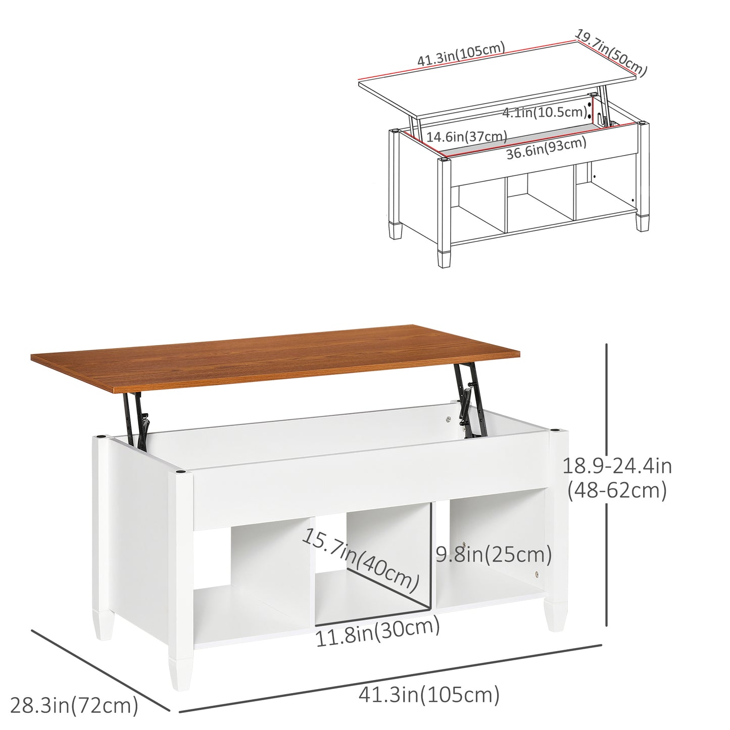 HOMCOM Lift Top Coffee Table with Hidden Storage Compartment and 3 Lower Shelves, Pop-Up Center Table for Living Room, Espresso