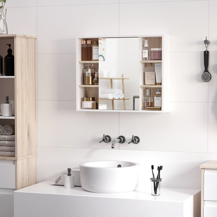 HOMCOM Wall-Mounted Bathroom Medicine Cabinet with Mirror, Over Toilet Bathroom Vanity Cabinet White & Oak