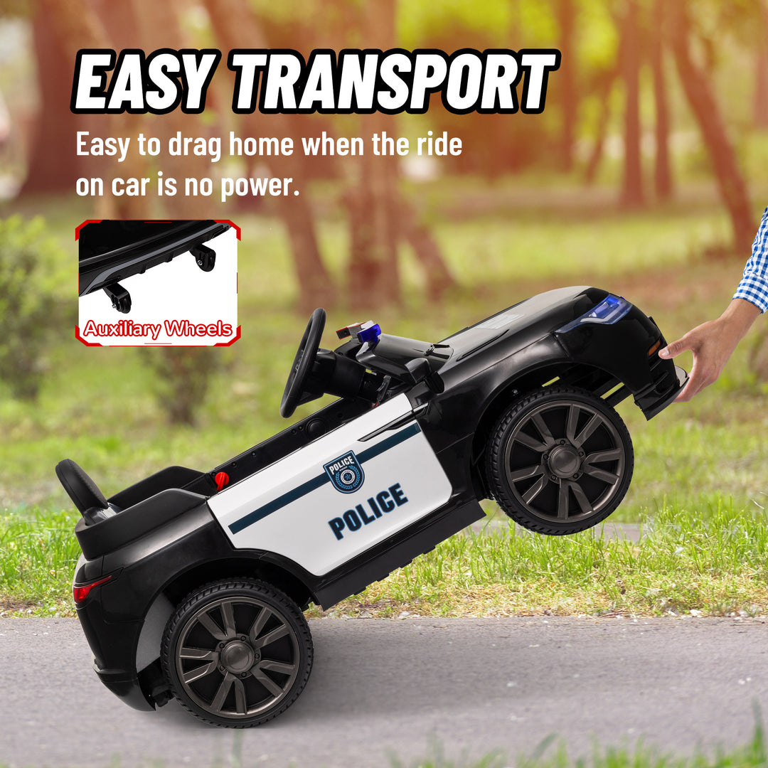 Qaba 12V Kids Electric Police Car w/ Remote Control, Spring Suspension, Transport Wheel, Siren, Music, Light, Horn, Black
