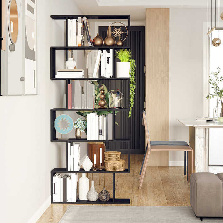 HOMCOM Wooden S Shape Bookcase 6 Shelves Storage Display Home Office Furniture