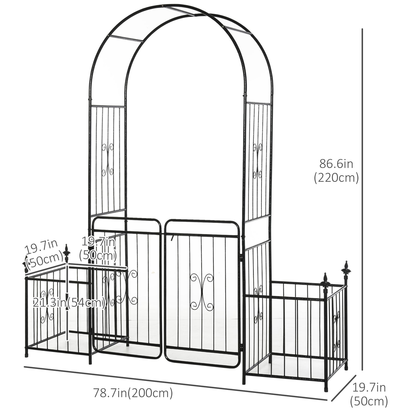 Outsunny 7.2FT Metal Garden Arbor Arch with Double Doors, 2 Side Planter Baskets, Climbing Vine Frame, Black