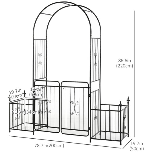 Outsunny 7.2FT Metal Garden Arbor Arch with Double Doors, 2 Side Planter Baskets, Climbing Vine Frame, Black