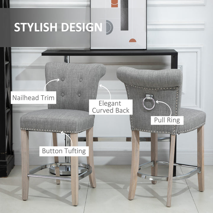 HOMCOM Bar Stools Set of 2, Upholstered Counter Height Stools with Button Tufted Back, Wood Legs and Footrest, Grey