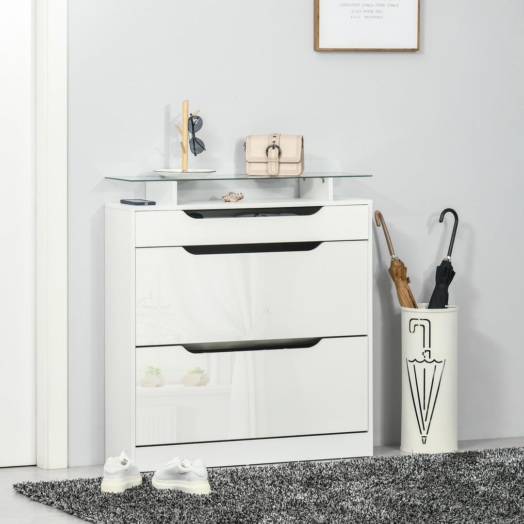 HOMCOM High Gloss Shoe Cabinet with 2 Flip Drawers and Adjustable Shelves, Narrow Shoe Storage Cabinet with Glass Top, White