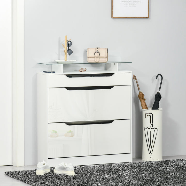 HOMCOM High Gloss Shoe Cabinet with 2 Flip Drawers and Adjustable Shelves, Narrow Shoe Storage Cabinet with Glass Top, White