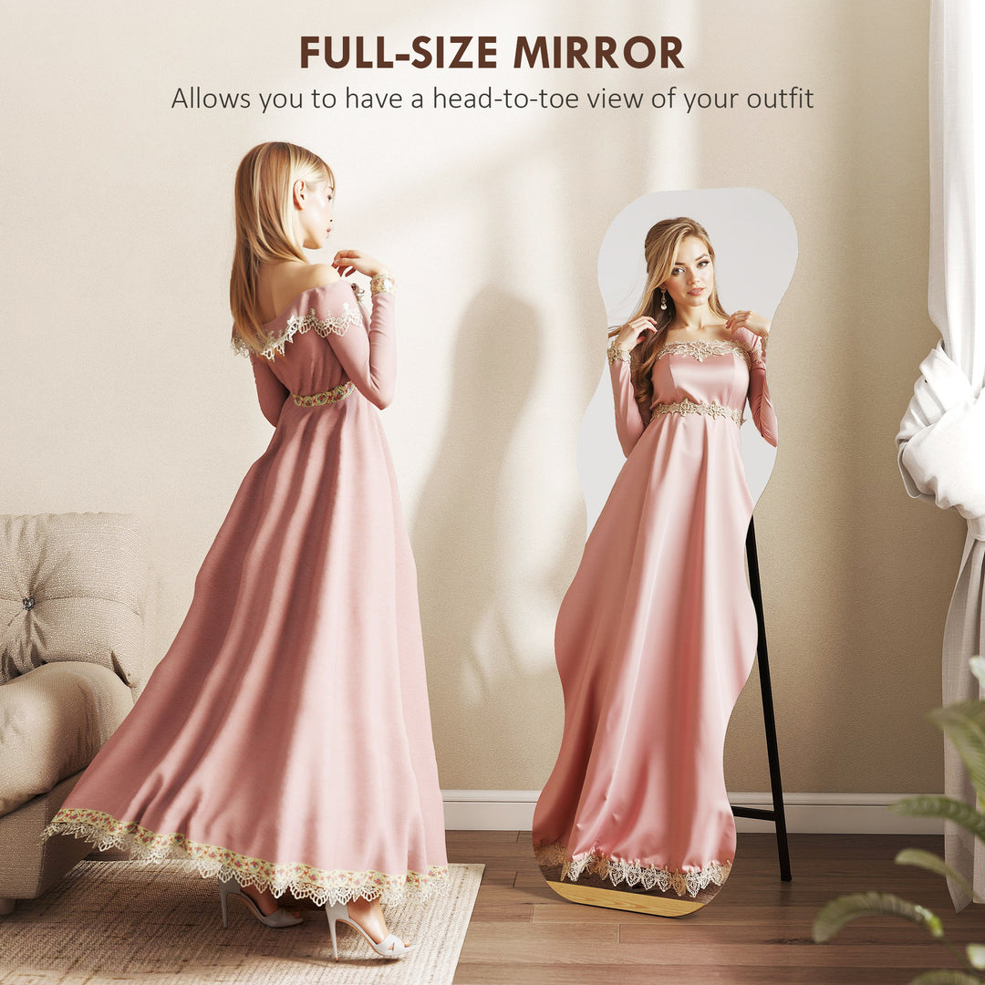 HOMCOM 64" x 21" Full Length Mirror, Irregular Wavy Frameless Full Body Mirror with Pine Wood Base for Bedroom, Black