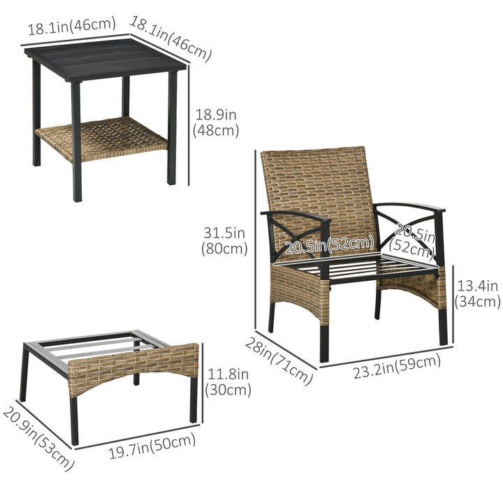 Outsunny 5 Piece PE Rattan Garden Furniture Set, 2 Armchairs,2 Stools, Steel Tabletop with Wicker Shelf, Padded Outdoor Seating, Khaki