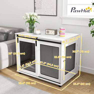 PawHut 39" Dog Crate Furniture with Sliding Barn Door, Furniture Style Dog Cage End Table for Large Dogs, White