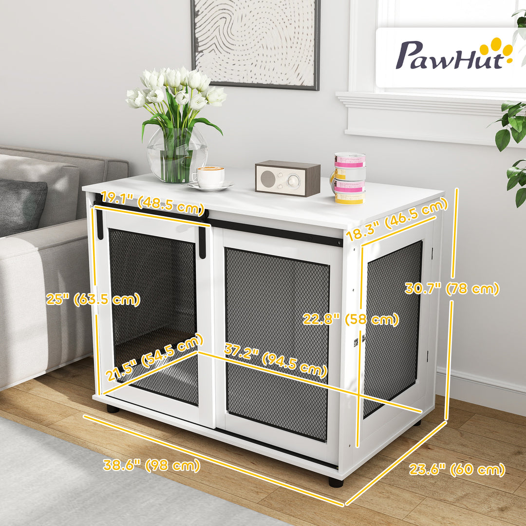 PawHut 39" Dog Crate Furniture with Sliding Barn Door, Furniture Style Dog Cage End Table for Large Dogs, White