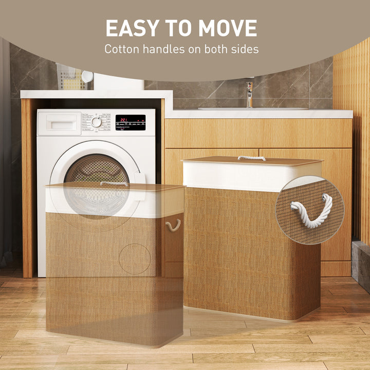 HOMCOM Double Laundry Basket with Lid, 100L Bamboo Laundry Hamper with Rope Handles and Removable Bags, Natural