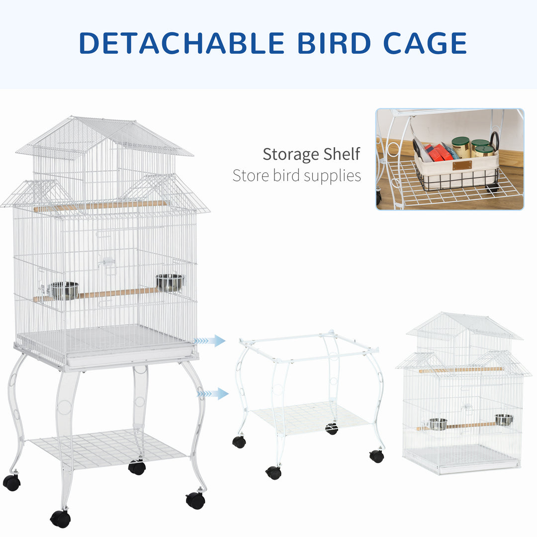 PawHut 53.9'' Large Rolling Steel Bird Cage Bird House with Detachable Rolling Stand, Storage Shelf, Wood Perch, Food Container, Black