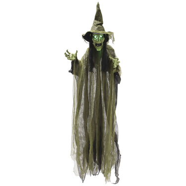 Outsunny Animatronics Hanging Witch, Voice-Activated Prop, Flashing Eyes & Wicked Laughter, Scary Halloween Decoration, Green