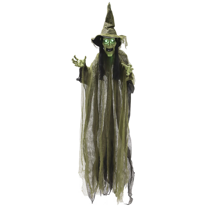 Outsunny Animatronics Hanging Witch, Voice-Activated Prop, Flashing Eyes & Wicked Laughter, Scary Halloween Decoration, Green