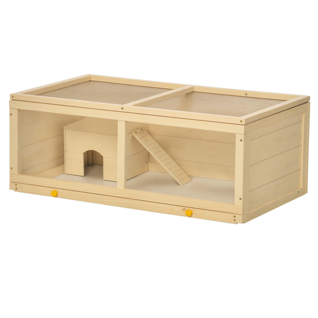 PawHut Small Animals Kit Hutch w/ Sliding Tray, Exercise Play House for Dwarf Hamsters, Gerbils, Chinchillas, Natural Wood