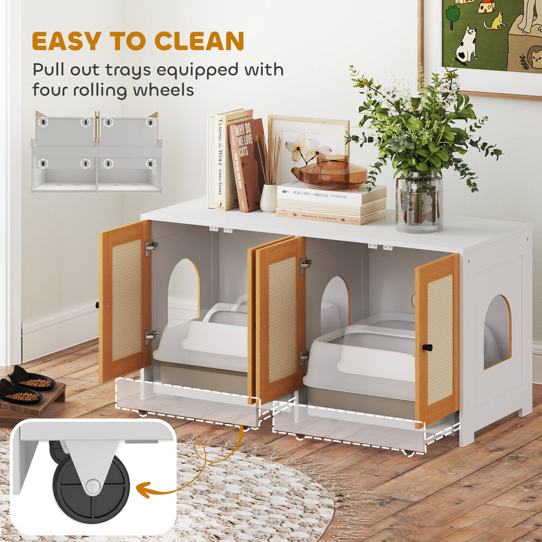 PawHut Cat Litter Box Enclosure w/ 2 Cabinets, Scratching Mats, Pull-Out Trays, Hidden Litter Box for 2 Cats, White