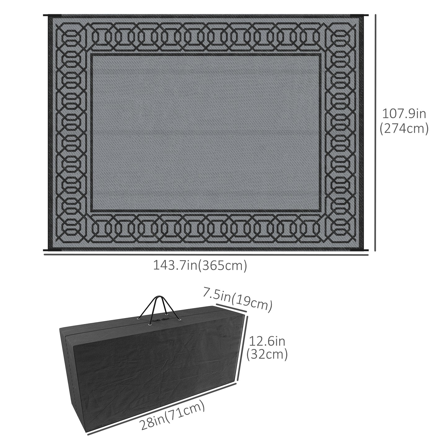 Outsunny Portable Outdoor Rug with Carrying Bag, 9' x 12' Reversible Mat, Waterproof Plastic Straw RV Rug for Backyard, Deck, Picnic, Beach, Camping, Black and Grey