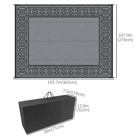 Outsunny Portable Outdoor Rug with Carrying Bag, 9' x 12' Reversible Mat, Waterproof Plastic Straw RV Rug for Backyard, Deck, Picnic, Beach, Camping, Black and Grey
