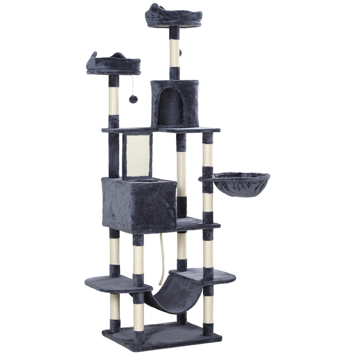 PawHut 81" Large Cat Tree w/ Scratching Posts, Condos, Beds, Hammocks, Jumping Platforms, Toy Balls, Rope Cat Toy, Dark Grey
