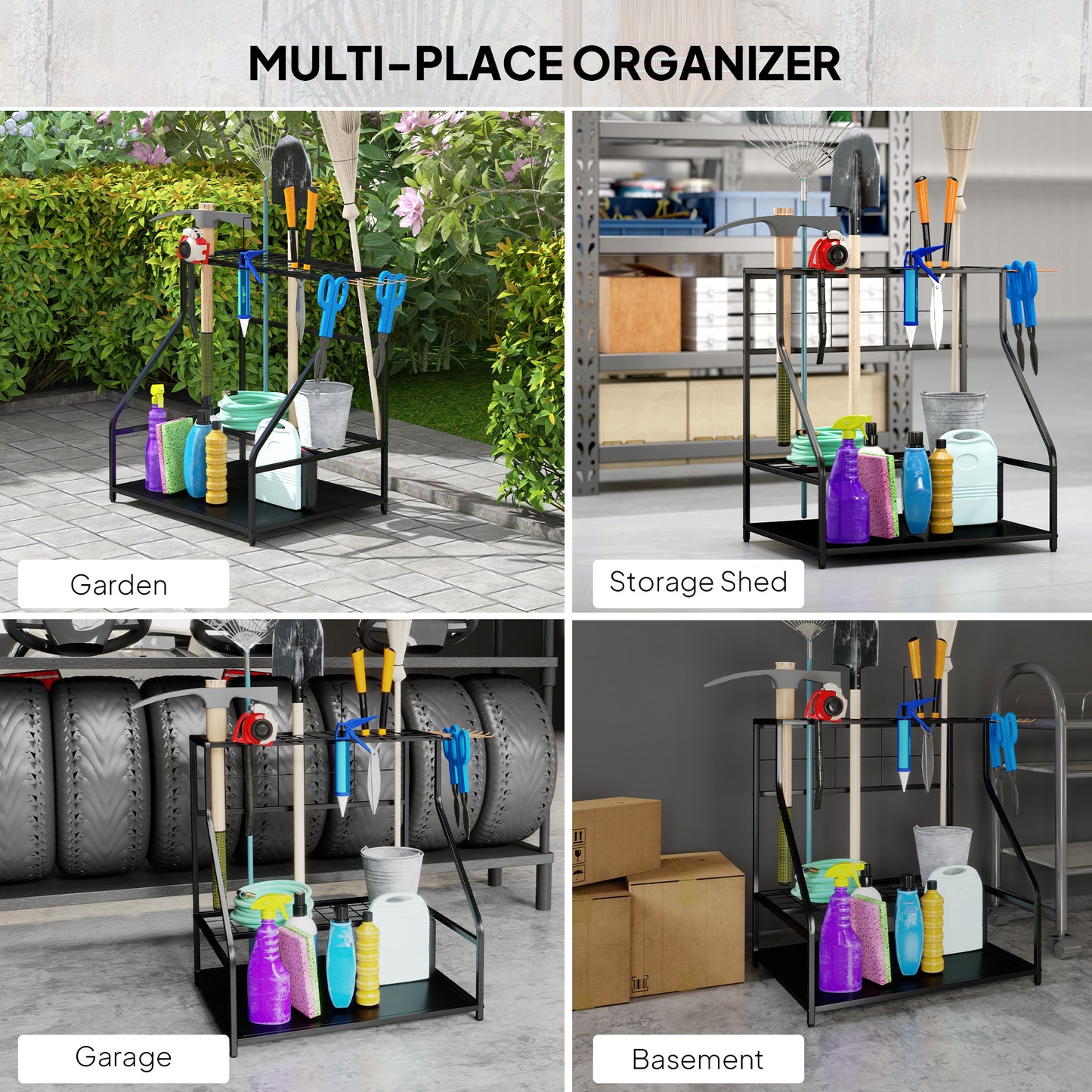 Outsunny 3-Tier Yard Tool Tower Rack, Garden Tool Organizer with Hooks for Long-Handled Rakes, Shovel, Broom, Orange