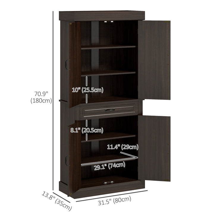 HOMCOM 71" Freestanding Kitchen Pantry with 4 Doors and 2 Cabinets, Tall Storage Cabinet for Kitchen, Distressed Coffee