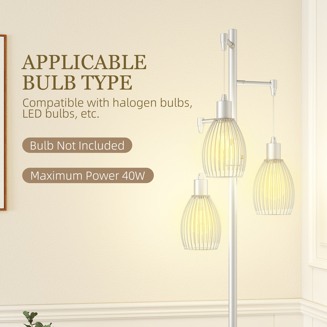 HOMCOM Industrial Floor Lamp with 3 Hanging Wire Lampshades, Dimmable Standing Lamp for Living Room, Bedroom, Dining Room, Study, Black