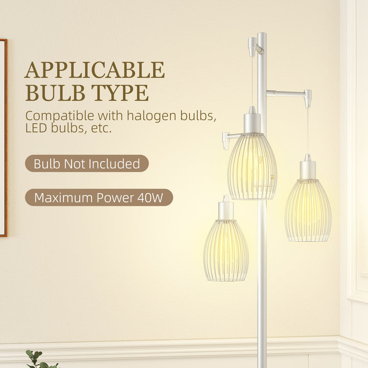 HOMCOM Industrial Floor Lamp with 3 Hanging Wire Lampshades, Dimmable Standing Lamp for Living Room, Bedroom, Dining Room, Study, Black