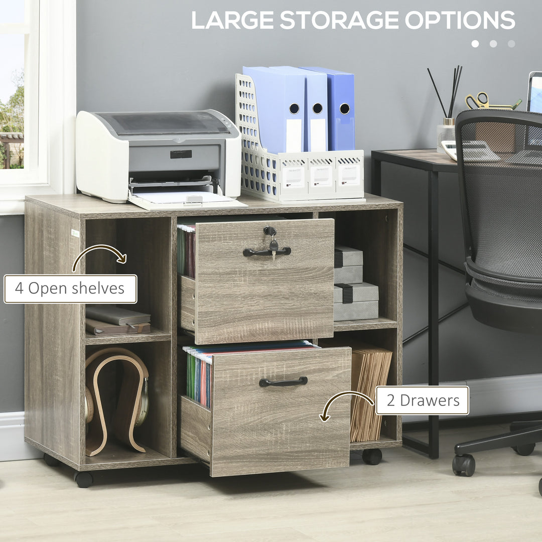 Vinsetto Lateral Filing Cabinet with Wheels and Lockable Drawer, File Cabinet, Mobile Printer Stand with Open Shelves for Letter and A4 Size Documents, Rustic Brown