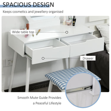 HOMCOM Makeup Vanity Table with Round Mirror and 2 Drawers, Dressing Table with Cushioned Stool Set for Bedroom (White)