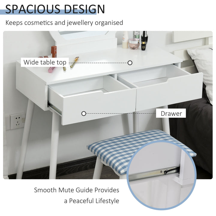 HOMCOM Makeup Vanity Table with Round Mirror and 2 Drawers, Dressing Table with Cushioned Stool Set for Bedroom (White)