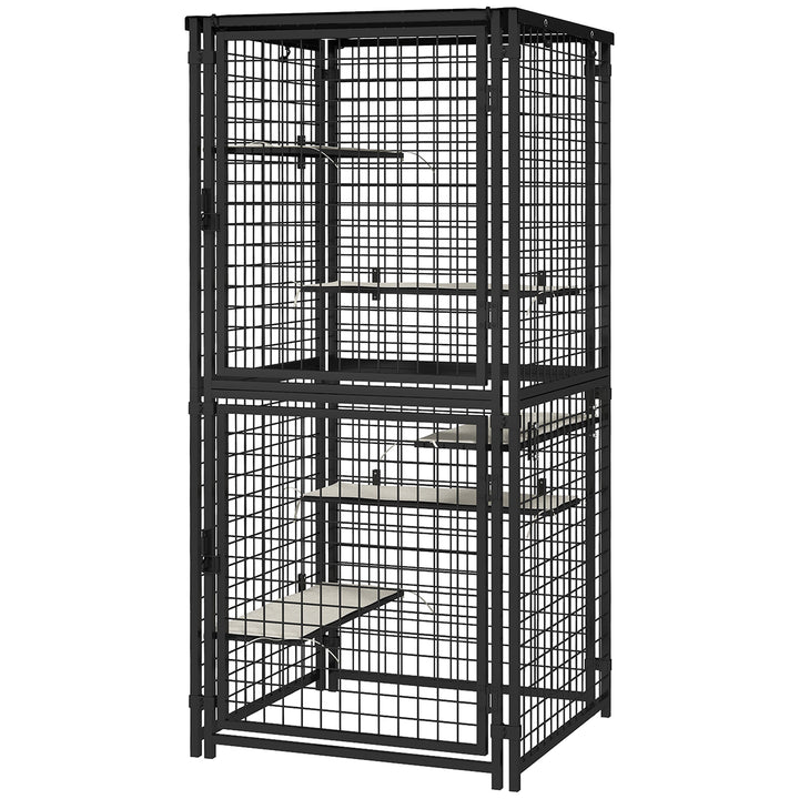 PawHut Cat Cage Multi-Level Catio Steel Outdoor Cat Enclosure w/ UV-and Water Resistant Cover, 5 Platforms, Soft Pads, Black