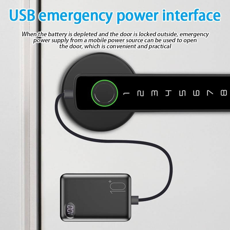 USB emergency power interface for Smart Door Lock with Fingerprint Keypad Handle Biometric, App, Password, Key, and Card Keyless Entry System Suitable for Bedrooms, Offices, Hotels, Apartments - Black Edition