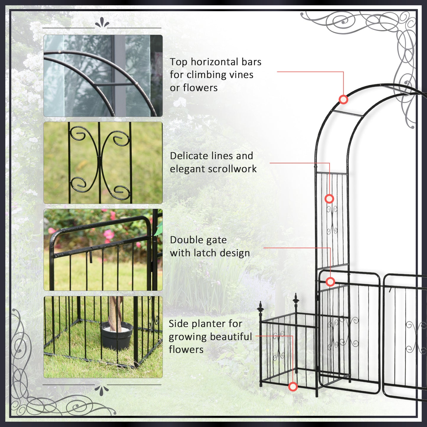 Outsunny 7.2FT Metal Garden Arbor Arch with Double Doors, 2 Side Planter Baskets, Climbing Vine Frame, Black