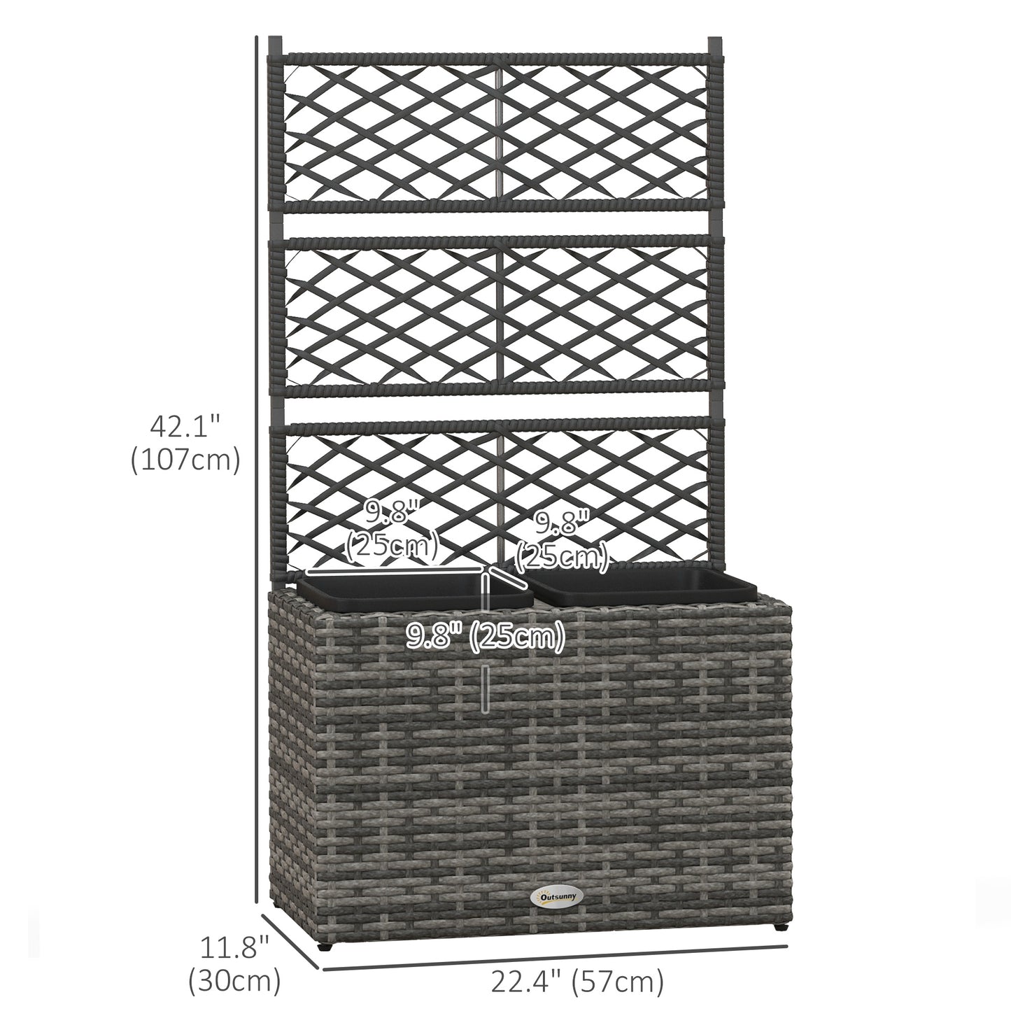 Outsunny 22L Raised Garden Box with Trellis, PE Rattan Free Standing Flower Raised Garden Bed with Two Plant Boxes, Garden Planter Box for Climbing Plants, Mixed Grey