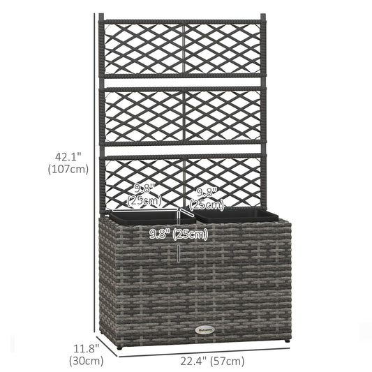 Outsunny 22L Raised Garden Box with Trellis, PE Rattan Free Standing Flower Raised Garden Bed with Two Plant Boxes, Garden Planter Box for Climbing Plants, Mixed Grey