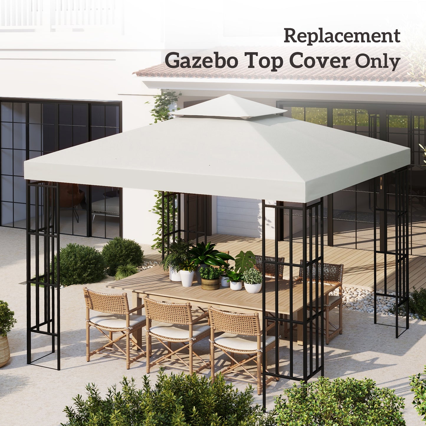 Outsunny 10' x 10' Square 2-Tier Gazebo Canopy Replacement Top Cover Outdoor Garden Sun Shade, Cream White