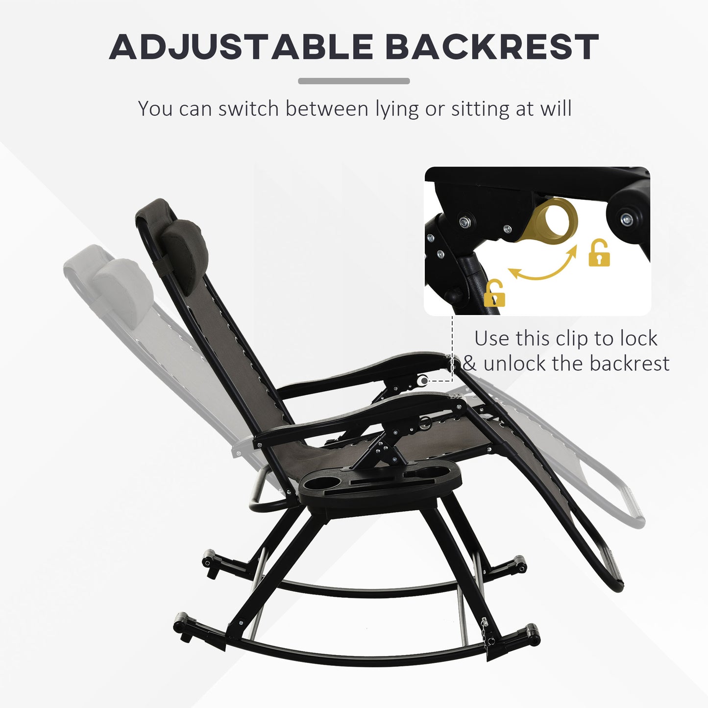 Outsunny 2 in 1 Adjustable Zero Gravity Reclining Lounge Chair Garden Recliner and Rocker Foldable Sun Lounger Napping Seat w/ Headrest & Tray Grey