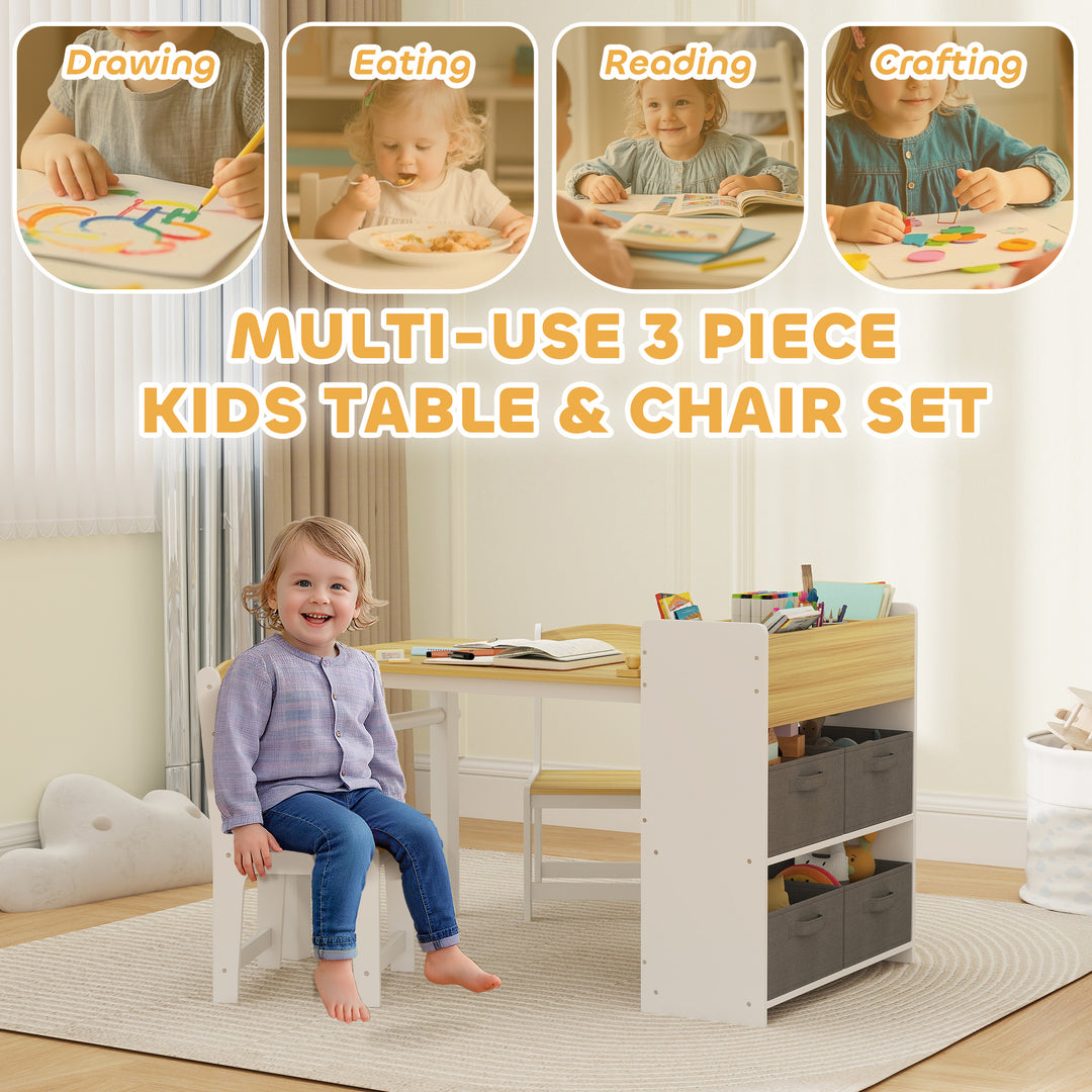 Qaba Kids Table and Chairs Set, Toddler Art Table and Chair Set with Paper Roll, Storage Shelves and Drawers, Grey