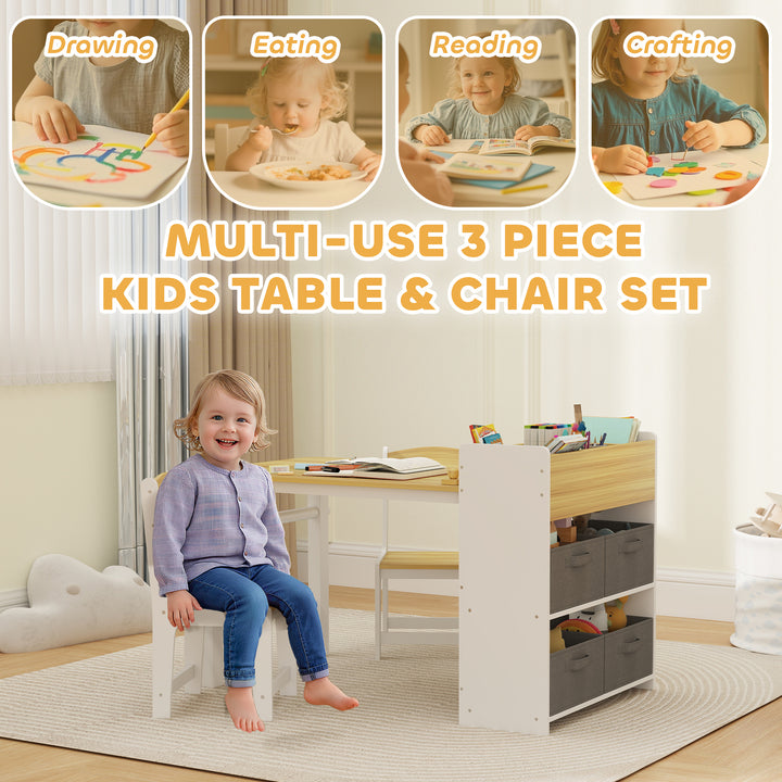 Qaba Kids Table and Chairs Set, Toddler Art Table and Chair Set with Paper Roll, Storage Shelves and Drawers, Grey