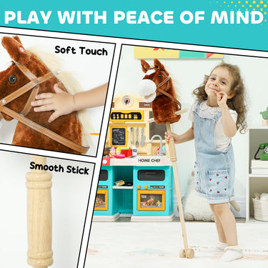 Qaba Unicorn Stick Horse, Plush Hobby Horse with Wood Wheels, Real Pony Neighing and Galloping Sounds, for Kids, Brown