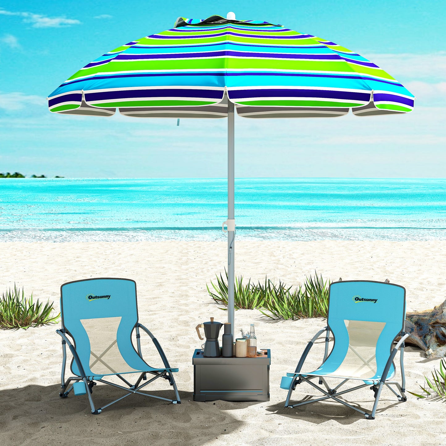 Outsunny Set of 2 Folding Beach Chairs with Mesh Back, Carry Bag and Cup Holder for Outdoor Camping Lawn, 22.8" x 21.7" x 24.4"