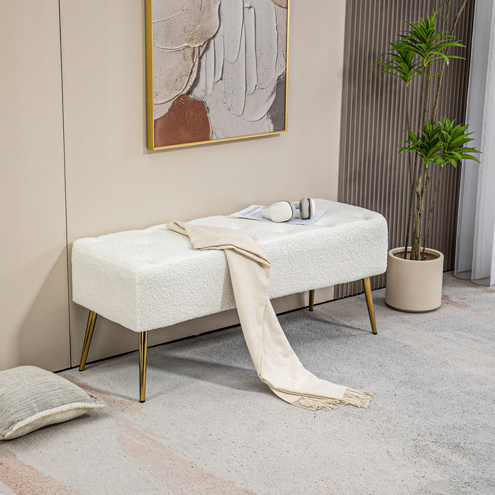 HOMCOM 44" Lamb's Wool-Feel Upholstered Bedroom Bench, End of Bed Bench with Thick Padded Cushion and Steel Legs, Cream White