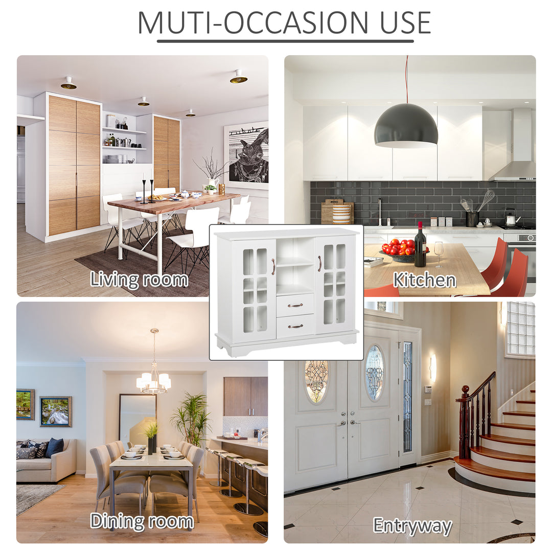 HOMCOM Modern Kitchen Sideboard with 2 Drawers, Coffee Bar Cabinet with Glass Doors Storage Cupboard and Open Shelf, White